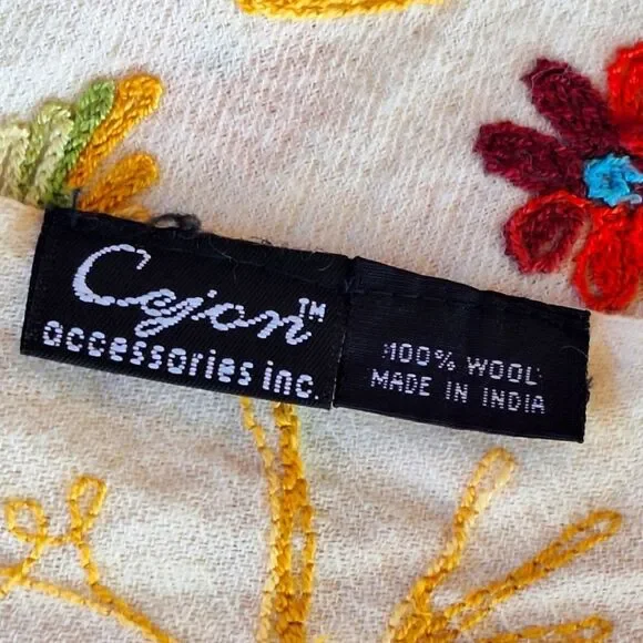 Boho Embroidered Wool Scarf Colorful Floral Cream Raw Edges Large 70 Long x 20 - Picture 5 of 12